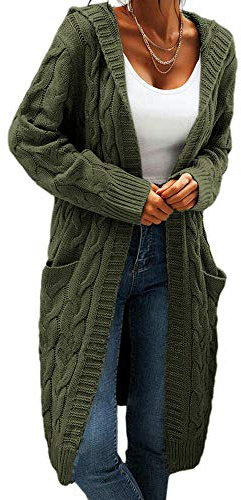 GeGekoko cardigan för kvinnor med huva och öppen framsida, kabelstickade tröjor enfärgade tjocka långa tröjor rockar, Armégrön, L