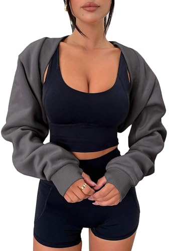 Zwurew Women's Bolero Sweater Shrugs Y2K Open Front Workout Sweatshirt Long Sleeve Crop Tops Dark Grey X-Large