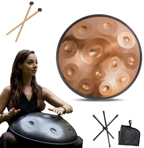 Handpan Instrument - 432Hz/440Hz 9/10/ 12 Noten - 55cm Stahl Zungentrommel - Handtrommel Mit Trommelständer Für Klangheilung (Size : 432Hz, Color : GOLD_12 NOTES)