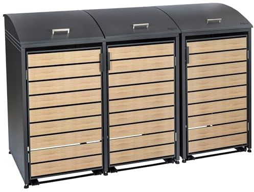 Zelsius Mülltonnenbox 3er für 3 Mülltonnen mit abgerundetem Deckel | 120-240 Liter | Anthrazit RAL7016 | Tür in Holzoptik mit Erweiterungsmöglichkeiten | Mülltonnenhäusschen, Mülleimerboxen