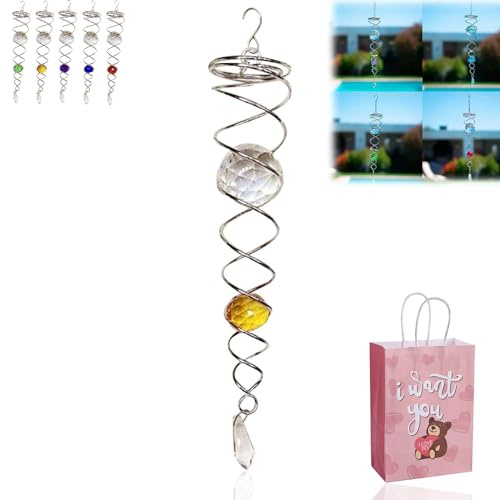 DASHENRAN Gazing Ball Spiral Tail Wind Spinner Stabilizer, Decorative Spiral, Spiral Wind Spinner, 12 Inch Wind Spinners Hanging, Sun Catcher Crystals Gazing Ball, Garden Decoration (Yellow), Large