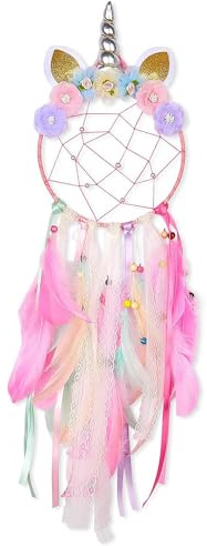 Tinkber 1 pieza unicornio atrapasueños tejida a mano rosa para niños y mujeres, bodas y fiestas de cumpleaños, colgante, tela, plumas, perlas