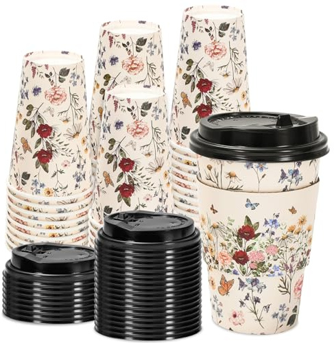 JarThenaAMCS 50 Sets Vintage Floral Coffee Cups with Lids and Sleeves 16oz Coffee Wildflower Paper Cups Disposable To Go Coffee Cups for Fall Cafes Shops Cappuccino Chocolate Beverage Cocoa