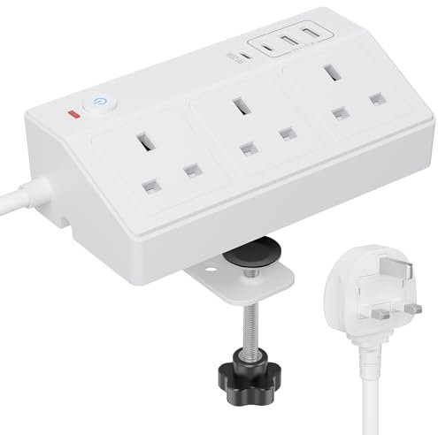 Desk Extension Lead with USB Slots, HAFINO PD 20W Fast Charging Power Station, 2M White Desk Power Socket with Removable Clamp, Desktop Power Strip for Home Office