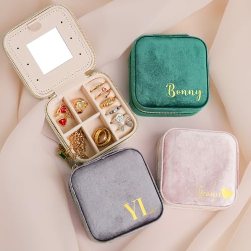 SCHUANGZHAN Personalisierte Samt-Schmuckschatulle, personalisierbar, Reiseetui mit Namen, Brautjungfer, Antrag, Braut, Geschenk-Box, Geschenk für sie, Dankeschön-Geschenk