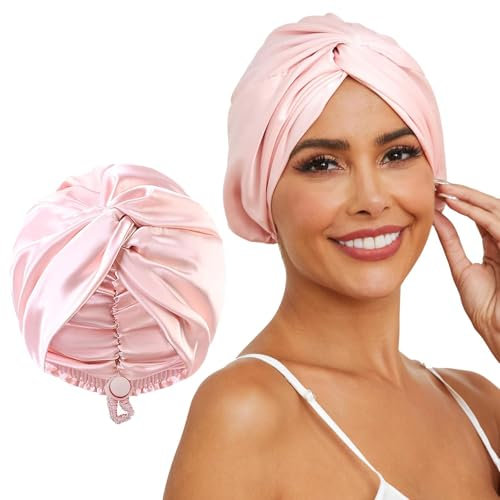 Adjustable Silk Satin Hair Bonnet for Sleeping, Double Layer Hair Wrap Sleep Cap Turban for Women Men, Curly Straight Hair Long Large Braid Unisex (Pink)