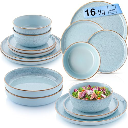 SÄNGER Rio Lagune | Tafelservice 16 teilig, Steingut Geschirr Set 4 Personen, 4x Teller 4x Frühstücksteller 4x Tiefe Teller 4x Pastaschalen Geschirrset und Schale, blau | VALUE COLLECTION