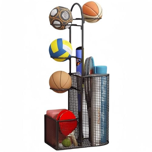 Garage Organizer Für Sportgeräte, Basketball Aufbewahrungsregal, Abnehmbares Standing Rack Halter with 4 Ball Ständer Und Körben, Aufbewahrung Regal Für Rugby Volleyball Fußball Display(Schwarz)