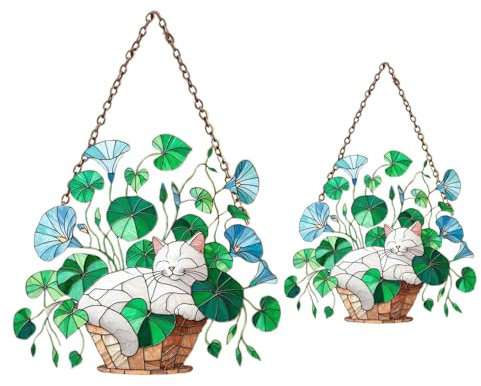 Katzen-Fensterdekoration, Katzen-Sonnenfänger, Acryl-Katzen-Ornament, Katze in Blumen, Buntglas-Katzen-Fensterkunst, Katzen-Sonnenfänger, Fensterdekoration, dekoratives Kätzchen-Fensterpaneel,