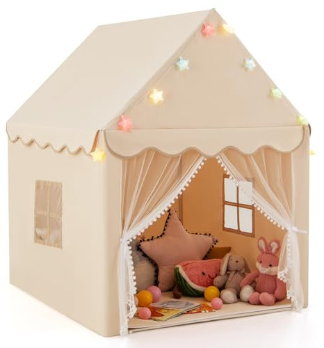 GYMAX Kids Tent, Fairy Play Castle with Washable Mat, Star Lights & Windows, Outdoor Indoor Children Playhouse Tents for Girls Boys Gift (Beige)