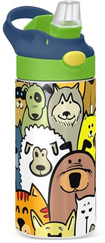 Bouteille d'eau isotherme en acier inoxydable pour enfants avec paille - 350 ml - Motif dessin animé - Chiens et chats - Anti-fuite - Pour garçons et garçons - Chauds et froids - Sans BPA