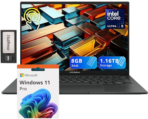 ASUS Zenbook 14 OLED 14 WUXGA Touchscreen Laptop, Intel Ultra 5 Series 1 125H, 8GB LPDDR5, 1.16TB Storage (1TB PCle SSD + 160GB Docking Station), Tastiera retroilluminata, Wi-Fi 6E, Windows 11 Pro,