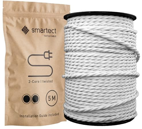 smartect Cavo Elettrico Tessile intrecciato Bianco, 5 Metri Filo Elettrico Vintage, Bipolare (2 x 0.75mm²) Cavo Elettrico Rivestito in Tessuto per Fai da Te