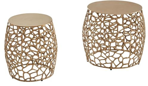 Beistelltisch 2er Set Aluminium Gold Design Satztisch Metall Rund | Wohnzimmertisch Couchtisch AST-Struktur Modern | Sofatisch 2-teilig Wohnzimmer
