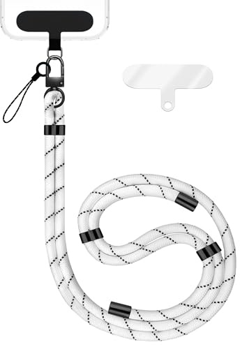 NALIA Cordon Téléphone Universel pour Smartphones - Nylon Confort Premium & 2 Patchs - HOLDME (Lanière Tressée avec Mousqueton Noir Mat) - Marque Allemande, Couleur:Blanc