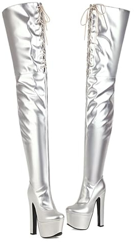 Ceciloroda Ultra-High Block Heel Schnüren Stiefel Overknee Pole Dance Schuhe Plateau Dressy Stiefel Stripper Heels für Damen Exotic Lack Silver Size 40