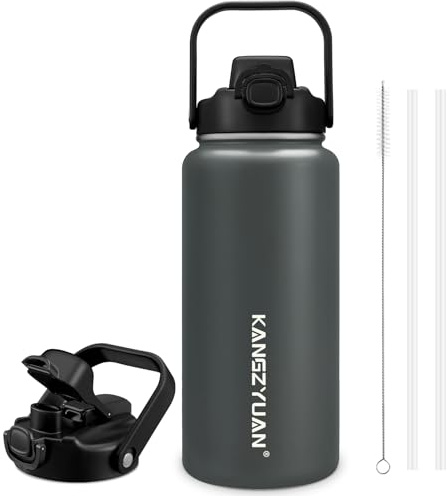 Insulated Water Bottle 2L, Stainless Steel Double Walled Thermal Tumbler with 2-in-1 Lid (Straw & Chug Cap), Wide Mouth Leakproof for Hot/Cold Beverages