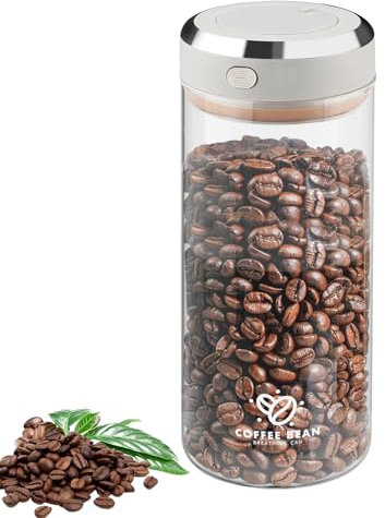 LEKEFETO Tarro de café de cristal hermético, 1,7 L, para granos de café, recipiente con tapa de vacío, hermética con válvula de salida e indicador de fecha, para granos de café, polvo, té, nueces