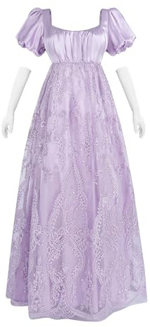 FCCAM Abito da donna Regency con maniche a sbuffo, stile impero, vintage vittoriano, con ricamo a rete, abito da tè con guanti, Viola 1502, S