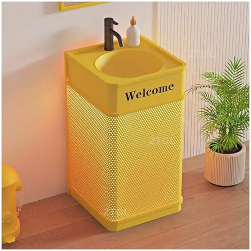 ZTGL Lavandino a Colonna in Ferro Battuto, Moderno Industria Mobile da Bagno con Lavabo Integrato, Lavandino su Piedistallo Freestanding, per Spazi Commerciali,Giallo,with Light