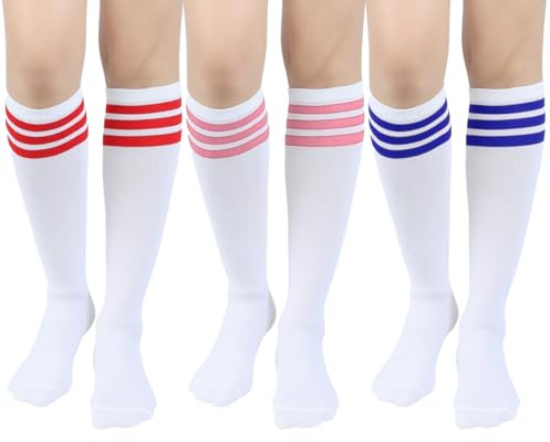 ASFWAGQ Klassiska damstrumpor, cheerleader kostym, knästrumpor, slangstrumpor, sportstrumpor med tre ränder, Vit 3 par, one size