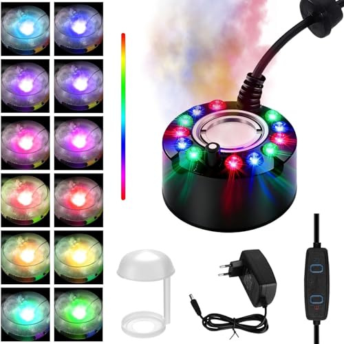 Nébuliseur à ultrasons pour Halloween - 12 LED - Mini machine à fumée - À intensité variable - Protection anti-éclaboussures - Pour fontaine, étang, brume, rocaille