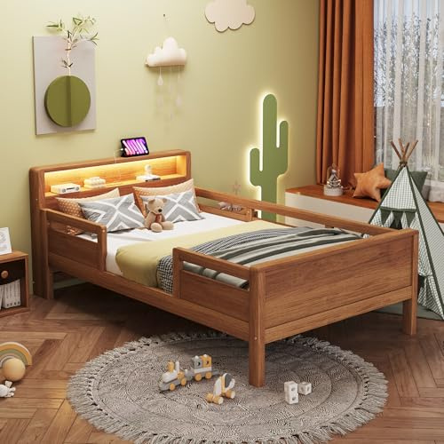 Gxffipw LED Bett 90x200 cm Kinderbett mit Rausfallschutz und Stauraum-Kopfteil, Kinder Bett Einzelbett mit USB-Type-C-Kombi-Steckdose, Holzbett Bettrahmen mit Lattenrost, Holzfarbe, Ohne Matratze