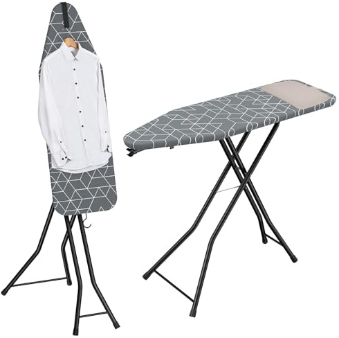 LyriFine Ironing Board, 2-in-1 Ironing and Steaming Board, Sturdy Steel Frame Iron Board with Non-Slip Feet, Heat Resistant Cover Iron Board, Foldable Compact Ironing Board with Hook, 14″ x 43″ Gray