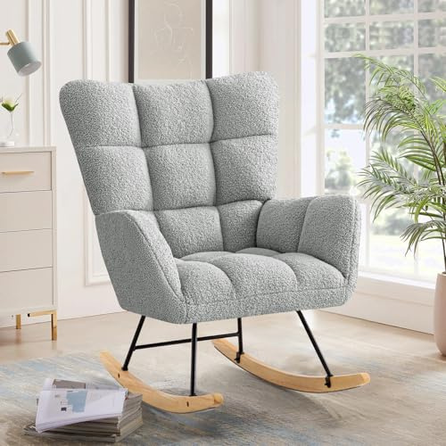 Ckaff Schaukelstuhl, Schaukelsessel Stillsessel Babyzimmer, Relaxstuhl Gepolsterter Sessel Wohnzimmersessel Lesesessel mit Holzkufen, Armlehne für Wohnzimmer Schlafzimmer Babyzimmer, Grau