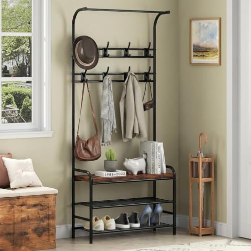 JOLLYTOP Garderobenständer, Garderobe Mit Schuhablage | Industrieller Garderobenregal Mit 8 Abnehmbaren Haken, Kleiderständer Aus Metall, Für Flur, Schlafzimmer, Wohnzimmer