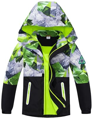 BuyiRen Boys Windbreakers Jacket Rain Jackets Hooded Raincoat Fleece Lined Rain Coats for Kids, Green Geo Camo, 12-13 Years