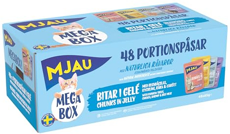 Mjau 48x85g våtfoder för katter bitar i gelé – Megabox med regnbågslax, kyckling, räka & nötkött. Storpack för fräscha måltider varje dag, med naturliga råvaror och utan tillsatt socker & färgämnen.