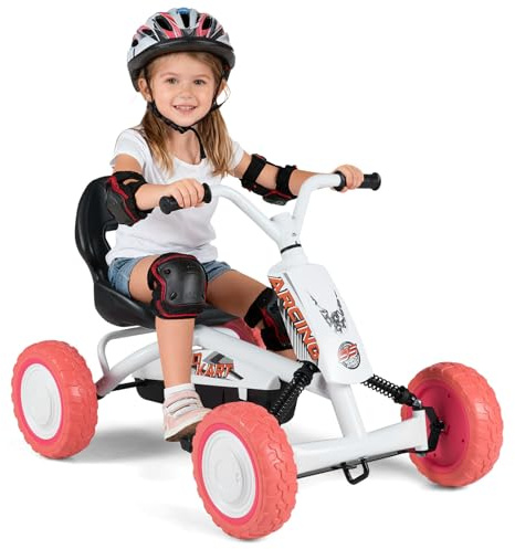 DREAMADE Kinder Go Kart, Gokart mit einstellbarem Sitz & Rückenlehne, Tretfahrzeug mit Vorwärts- & Rückwärtsfunktion & Pedal, Outdoor Tretauto mit Reifen für Kinder ab 3 Jahren (Weiß)