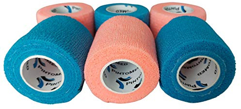 PintoMed Selbstklebender Verband Gedehnt -3x Orange + 3 x HellBlau - 5cm x 4,5m - Bandagen Rollen Haftbandage Verband; Fixierbinde; Sport Tape; Stück für Handgelenk, Bein, Arm, Vet Wrap
