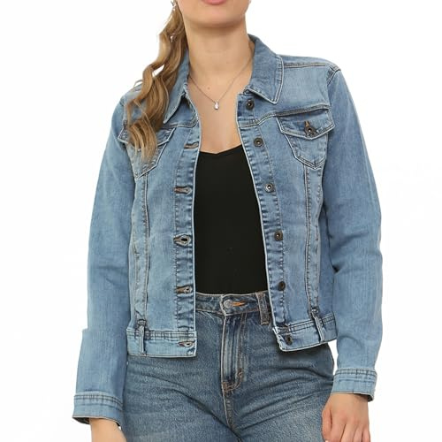 NOROZE Women’s Washed Detail Denim Jacket | Ladies Trucker Classic Western Design Denim Jeans Jacket ALL UK SIZES (Blue DG8262, 16)