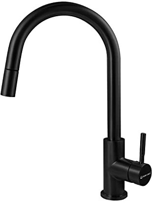 SOLVEX Wasserhahn Küche Ausziehbar mit 360° Schwenkbar - Armatur Küche mit Hohe Bogenauslauf - Hochdruck Mischbatterie Küche aus Edelstahl - Spültischarmatur Küche Matt Schwarz, SP-10027-N