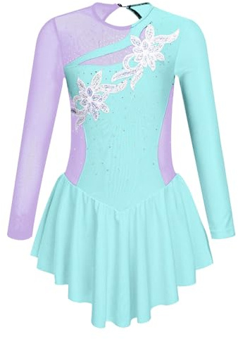 dPois Vestido Patinaje Artistico Niña Maillot Ballet Manga Larga Traje de Danza Princesa de Encaje Maillot Gimnasia Leotardo con Falda Disfraz Bailarina 5-14 Años Azul Claro J 5-6 años