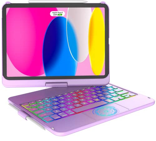 CC Store for iPad (A16) 11th 10th Generation Case with Keyboard - 7 Color Backlit 360° Swivel Multi-Touch Track Pencil Holde for iPad 11-inch A16 2025 10th Gen 10.9 Inch 2022 (Light Purple)