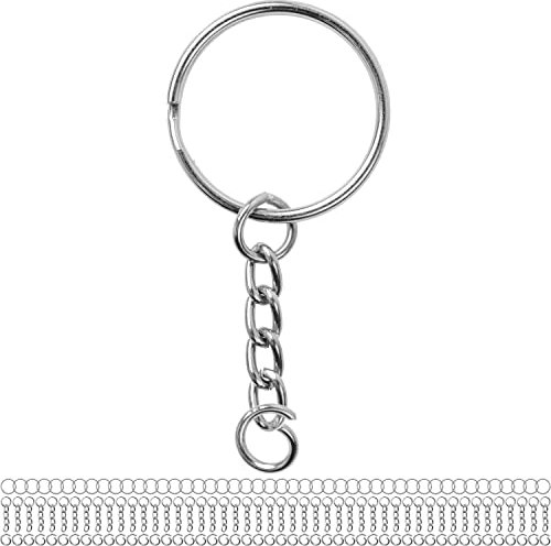 Schlüsselringe mit Gliederkette und Biegering, 48 Pack, in Silber-farben, Ø 25 mm Schlüsselring, 27 mm lange abnehmbare Kette mit offenem Ring, für Schlüsselanhänger, Schmuckherstellung, Basteln, DIY