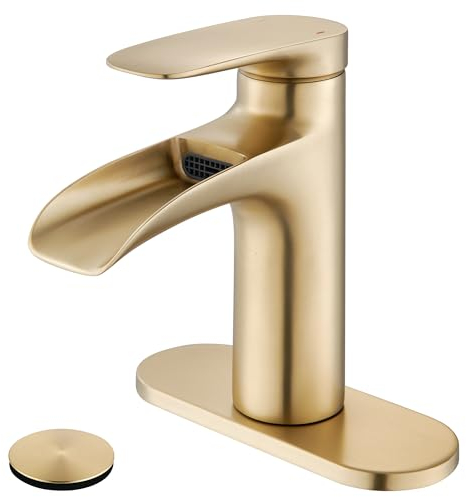 YardMonet Goldener Wasserfall Wasserhahn Bad, Einhebel Messing Armatur für das Waschbecken, mit Einstellbarem Warm- und Kaltwasser