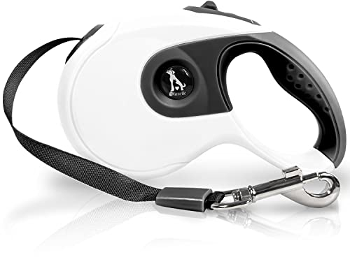 BLUZELLE Hundeleine für Kleine und Große Hunde Ausziehbar, Rollleine 3m/5m/8m mit 360 Grad Karabiner-Haken aus Metall, Ergonomischer Griff, Flexibles Nylon Band, Größe:3 Meter, Farbe:Weiß