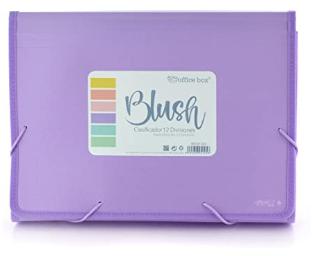 Carpeta Clasificadora con 12 Divisiones con Visores Panorama + 80 Adhesivos y Cierre de Gomas y Laterales Reforzados - Colores BLUSH PASTEL - Resistencia y Calidad by Office Box (Morado Blush)