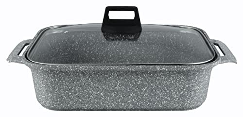 GMD Casseruola Antiaderente, Rostiera 36,5 x 27,5 x 9,8 Cm Rettangolare con Coperchio + Guanti da Cucina, Adatta All'induzione E Qualsiasi Piano Cottura, in Alluminio Rivestito, 6,2 Lt