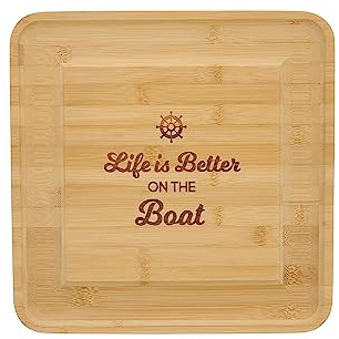 Pavilion - Life Is Better On The Boat - Square Cheese Board & Knife Set with Hidden Drawer, Charcuterie Board, Bread Board, 1 Count - Pack of 5, 13 x 13 x 1.25-Inches