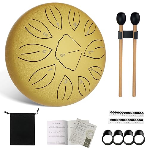 Aedcbaide Zungentrommel Tragbare Mini Trommel 6 Zoll 11 Tone Steel Tongue Drum, C-Dur Klangschale Handpan Instrument mit Schlägeln für Kinder Meditation Yoga Klangheilung Garten Weihnachten (Gold)