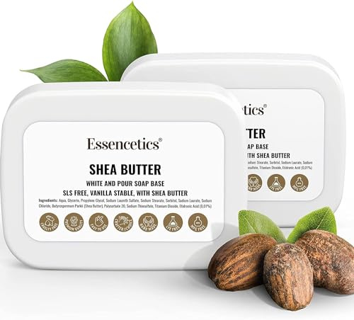 Essencetics 1 kg de base de savon au beurre de karité bio pour la fabrication de savon - Sans SLES - Savon à la glycérine brute à verser soi-même avec bloc de savon - Base Melt and Pour Soap