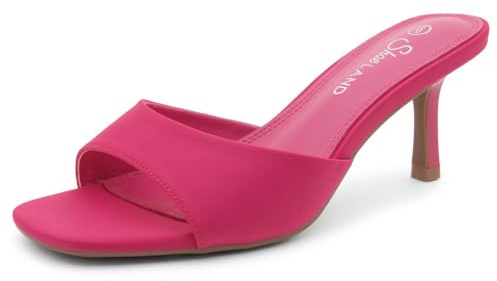 Shoe Land Women's Low Heels Stiletto Heeled Slides, Open Toe One Band Slip-On Heeled Mules – Dressy Heeled Sandals for Prom, Party Wedding and Vacation, Fuchsia, Size 9.0, Deverena