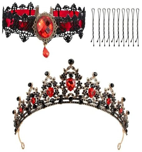 Barock Braut Kronen mit Gothic Halskette,Bride Crown Wedding Tiara | Rhinestone Tiara Headband Shiny Princess Hair Decoration for Bridal Birthday Party(Rot)