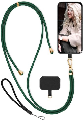 moex Unleash für Samsung Galaxy S24 Handyband zum Umhängen ohne Hülle, Handykette Universal mit Karabiner, Handy Band abnehmbar, Kette mit Pad für Handyhülle, Grün, Gold