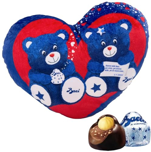 Cuscino Cuore Orsetti con Zip Baci Perugina Fondente Luisa Blu e Rosso Peluche da 75 g